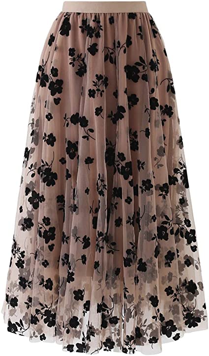 Women's Caramel/Dusty Blue/White/Black 3D Posy Double-Layered Mesh Midi Skirt